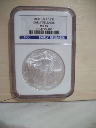 2008 Silver American Eagle (ngc Ms - 69) Early Release Blue Label photo