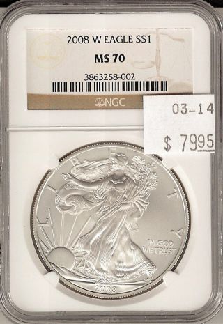 2008 W American Silver Eagle S$1 Ms 70 Ngc Certified photo