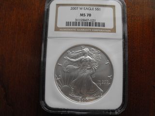 2007 W American Silver Eagle $1 Coin,  (brown Label).  Ngc Graded Ms 70 photo