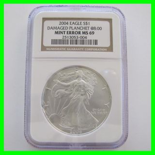 2004 Silver Eagle Ngc Graded Error Ms 69 Ms69 Planchet @8:00 Only 1 photo