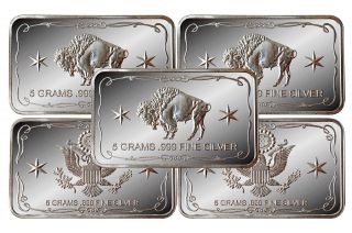 5x Five Grams (5g).  999 Fine Silver Bullion Bar Buffalo American Eagle 5 Gram photo