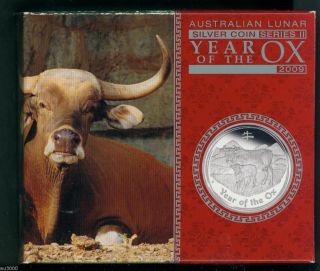 2009 Australia Lunar Year Of Ox 1 Oz.  Proof Silver Coin Box & Mintage: 5000 photo