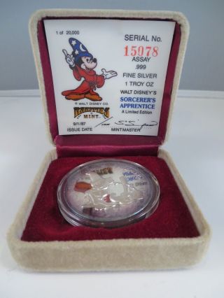1987 Walt Disney ' S Sorcerer ' S Apprentice.  999 Fine Silver Coin Sn 15078 photo