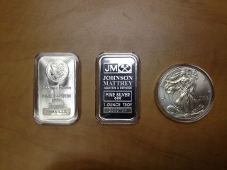 Silver Bullion Bar 3 0z - - 1 American Eagle - 1 Johnson Matthey - 1 American 999+ photo