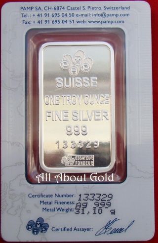 Solid Silver Bar 1 Oz Pamp Suisse Lady Fortuna Cornucopia.  999 Assay Card photo