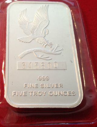 5 Oz.  Pure Silver Bar (eagle Design) + Sweet Design On Reverse photo