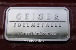 Solid Silver Bar 1 Troy Oz Geiger.  999 Fine Bullion Proof - Like Germany Bu photo