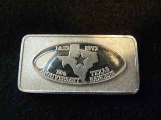 1 Troy Oz.  999 Fine Silver 150th Ann.  Texas Rangers 1823 - 1973 Art Bar/ Nr photo