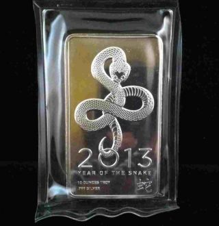 10 Troy Oz Ounce.  999 Fine Silver Year Of The Snake 2013 Bar & Usa photo