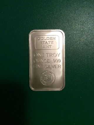 1 Troy Oz Golden State.  999 Fine Silver Bar photo