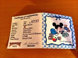 1989 Disney 1oz Silver Proof Round - Mickey - Baby ' S First Treasure photo