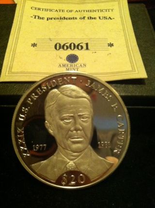 $20 Republic Of Liberia James Carter Silver Proof Coin photo