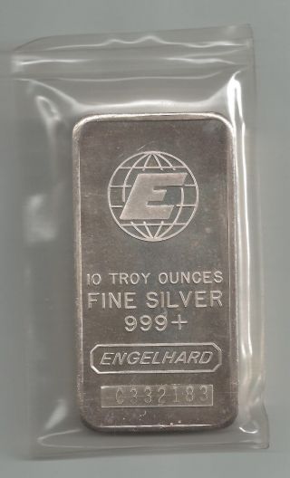 One Engelhard 10 Troy Ounces.  999+ Silver Bar Ser C332183 photo
