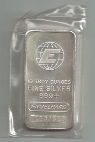 One Engelhard 10 Troy Ounces.  999+ Silver Bar Ser C337613 photo