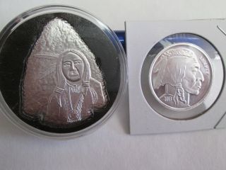 1 1/2 Oz.  999 Fine Bullion Silver Indian Arrowhead Buffalo Round Bar Coin photo