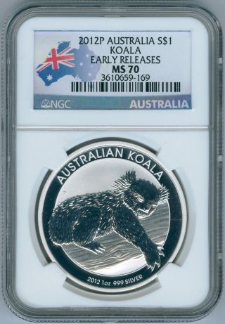 2012 P Koala Australia 1 Oz Bullion Pure Silver Coin Ngc Ms 70 Ms70 Flag Label photo