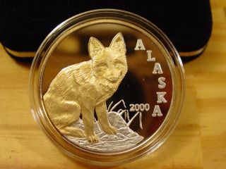Alaska Official State 2000 Fox.  999 Silver Proof 1 Troy Oz Gold Relief photo