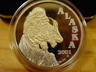 Alaska Official State 2001 Mt.  Goat.  999 Silver Proof 1 Troy Oz Gold Relief photo