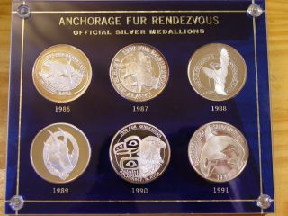 6 Alaska 1986 - 91 Fur Rendezvous Medallions.  999 Fine Silver 6 Oz photo
