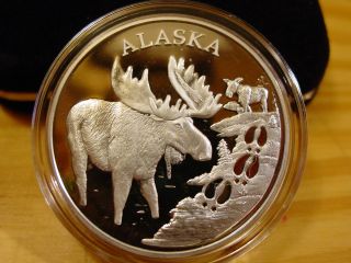 Alaska Moose Tracks Medallion.  999 Fine Silver Proof 1 Troy Oz photo