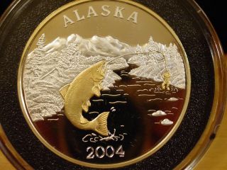 Alaska 2 Oz 2004 Sport Fishing.  999 Fine Silver Proof Gold Relief photo