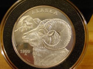 Rare Alaska 2 Oz Official State 1999 Ram Medallion.  999 Fine Silver Proof photo