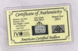 2013 American Certified Bullion 1 Gram 999.  0 Pure Silver Bullion Bar photo