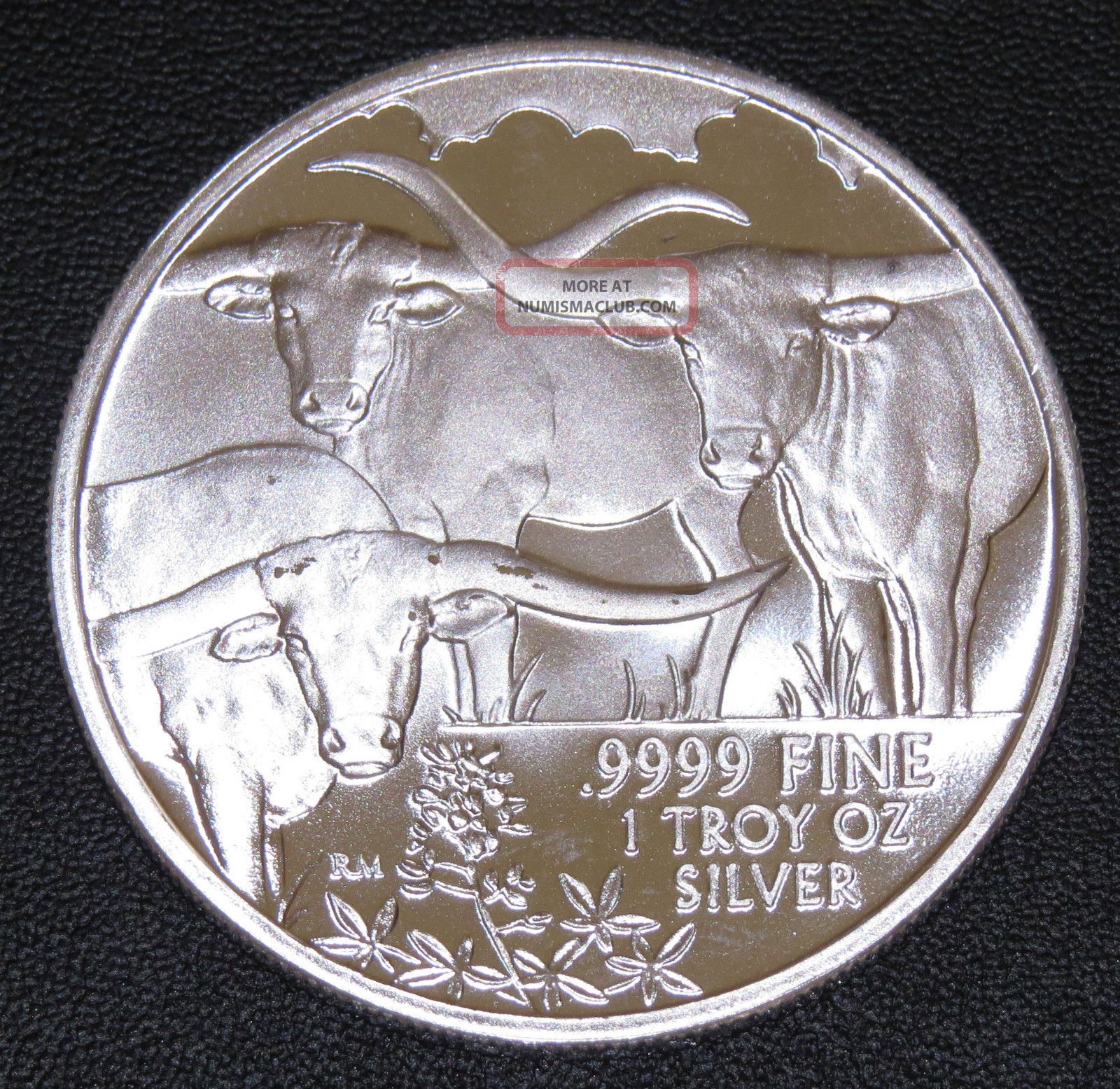 2014 1 Troy Oz. . 9999 Fine Silver Texas Round Longhorn Reverse