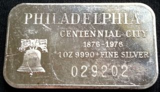 1 Oz.  999 Fine Silver Philadelphia Centennial City 1875 - 1976 029202 photo