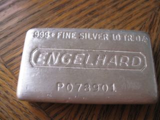 10 Oz Engelhard Silver Bar (wide,  Poured).  999 Fine photo