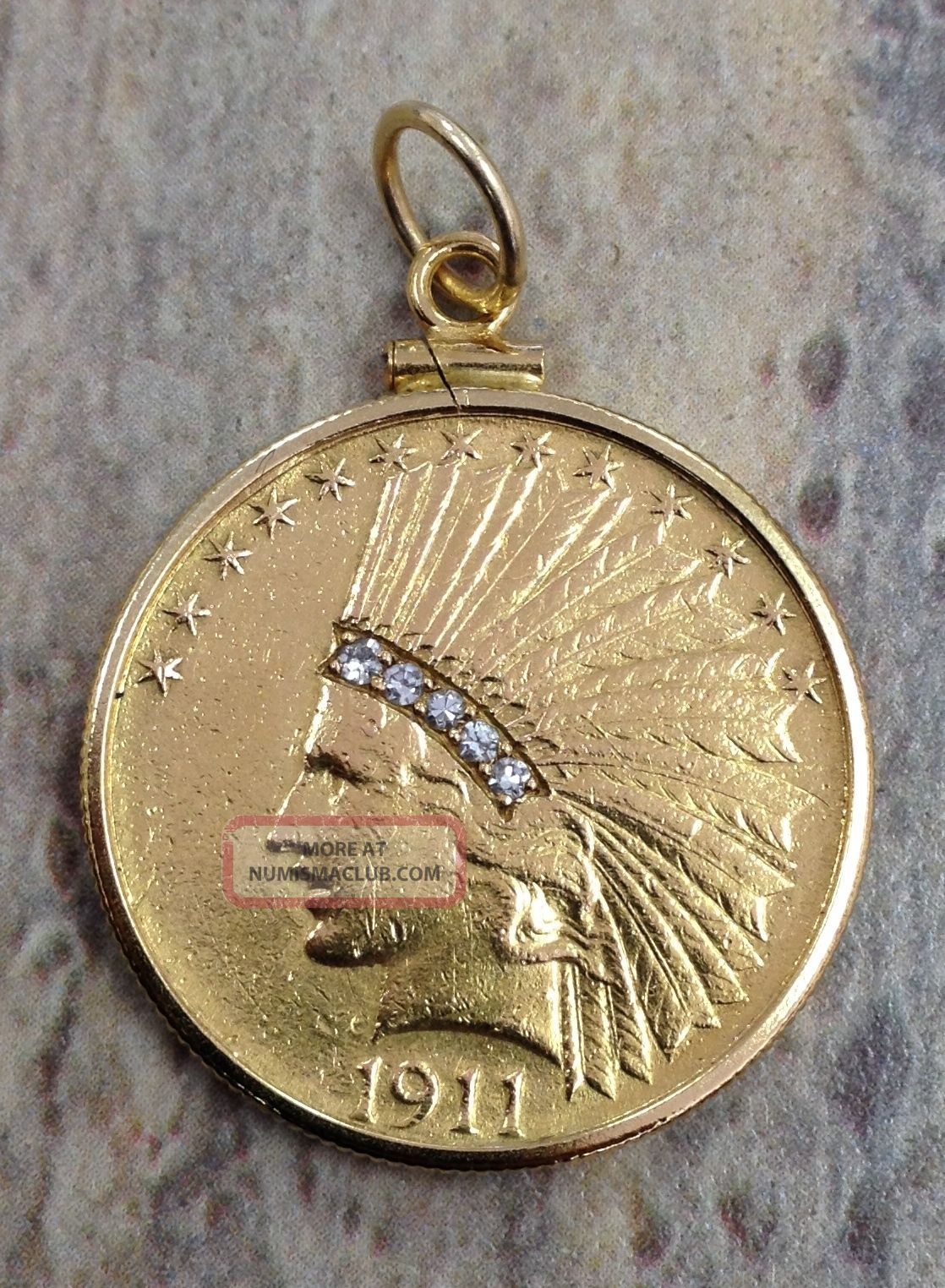 1911 $10 Gold Indian Head In A Gold Bezel With.  5ct Diamonds Gold photo