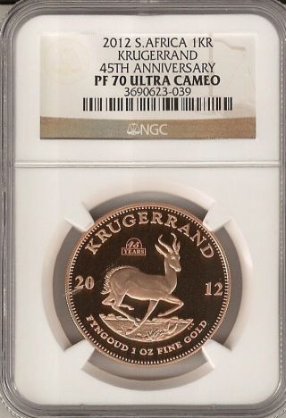 2012 South Africa 45th Anniversary 1 Oz.  999 Gold Krugerran Pf70 Ultra Cameo Ngc photo