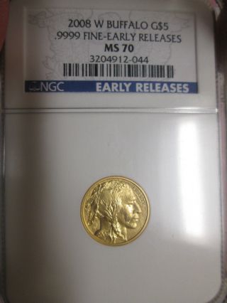 2008 - W $5.  9999 Gold 1/10 Oz.  Bu American Buffalo Ngc Certified Ms 70 photo