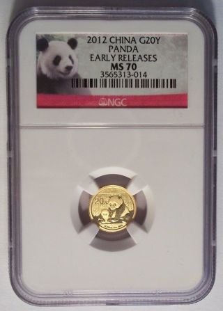 2012 China Gold Panda 20 Yuan 20y 1/20 Oz Ngc Ms70 Early Releases Rare photo