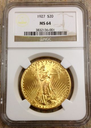 1927 $20 Liberty Gold Ngc Ms 64 Premium Quality Luster photo