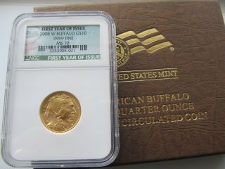 2008 W $10 1/4oz Ngg Ms - 70 Gold Buffalo Coin,  First Year Issue W/ Box & photo