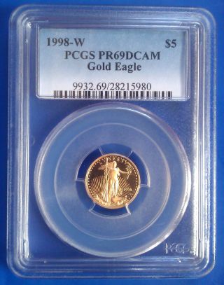 1998 W Pcgs Pr69dcam 1/10oz $5 Am.  Eagle Gold Coin Ultra Cameo Luster photo