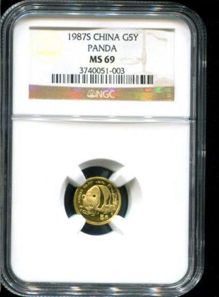 1987s Chinese Gold Panda 5 Yuan Ngc Ms - 69 1/20 Oz Fine Gold Tough Year photo
