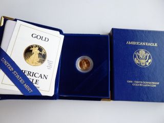 1989 Gold American $5 Eagle 1/10 Oz Proof Coin W/coa Bullion photo