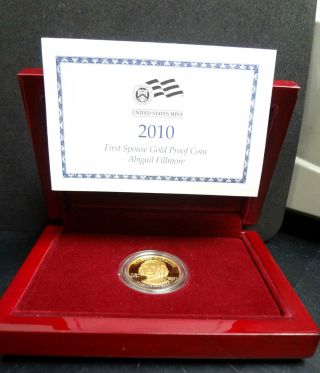 2010 - W First Spouse $10 1/2 Oz Proof Gold Coin Abrigail Fillmore.  Box & photo