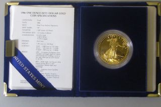 1986 W American Eagle Proof $50 1 Oz Gold Coin Box & photo