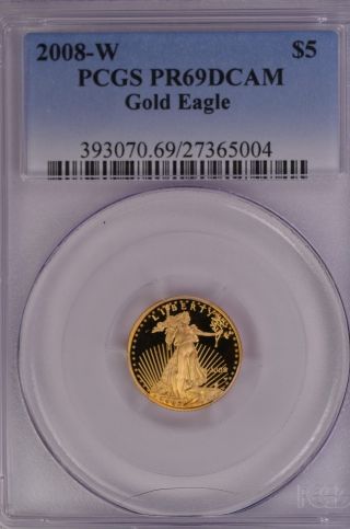 2008 - W 1/10 Oz Gold Eagle $5 Pcgs Proof Pr69dcam photo