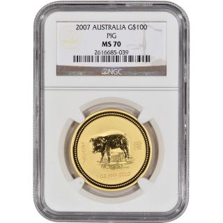 2007 Australia Gold Lunar ' Year Of The Pig ' (1 Oz) $100 - Ngc Ms70 photo