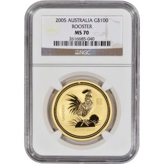 2005 Australia Gold Lunar ' Year Of The Rooster ' (1 Oz) $100 - Ngc Ms70 photo