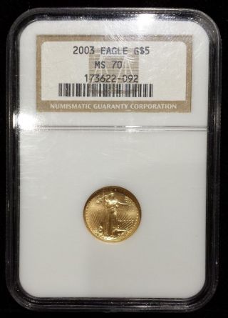 2003 $5 Gold Eagle 1/10 Oz Fine Ms 70 Ngc 173622 - 092 photo