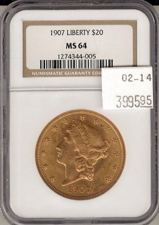 1907 $20 Liberty Gold Double Eagle Ms 64 Ngc Certified photo