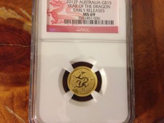 2012 P 1/10 Oz Lunar Year Of The Dragon Gold Coin Ngc Ms69 Early Release $15 photo