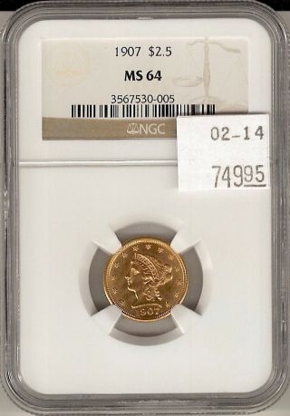 1907 $2.  5 Gold Piece Ms 64 Ngc Certified photo