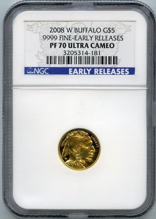 2008 - W $5 (1/10 Oz. ) Proof Gold Buffalo Ngc Pf 70 Ucam Early Release photo