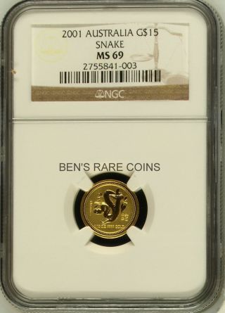 2001 $15 Australia Lunar Snake Gold Coin Ngc Ms 69 photo